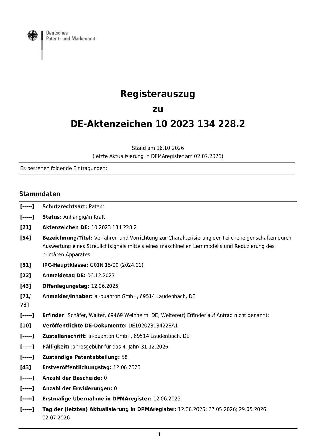Register extract for DE 10 2023 134 228 A1, page 1