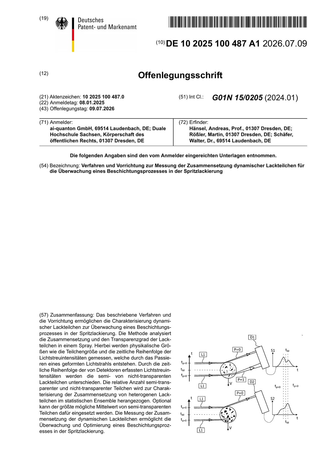 First page of the published application DE 10 2025 100 487 A1