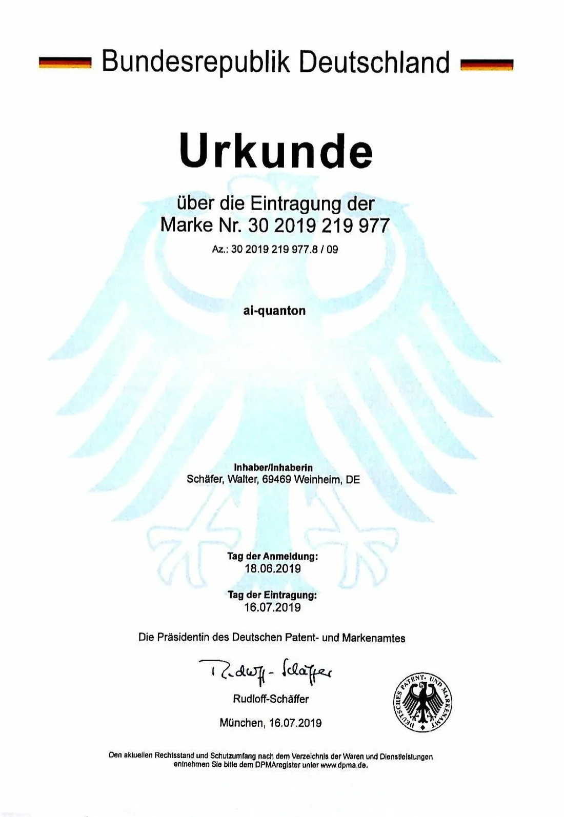 Certificate of registration of the trademark ai-quanton, DPMA register number 30 2019 219 977