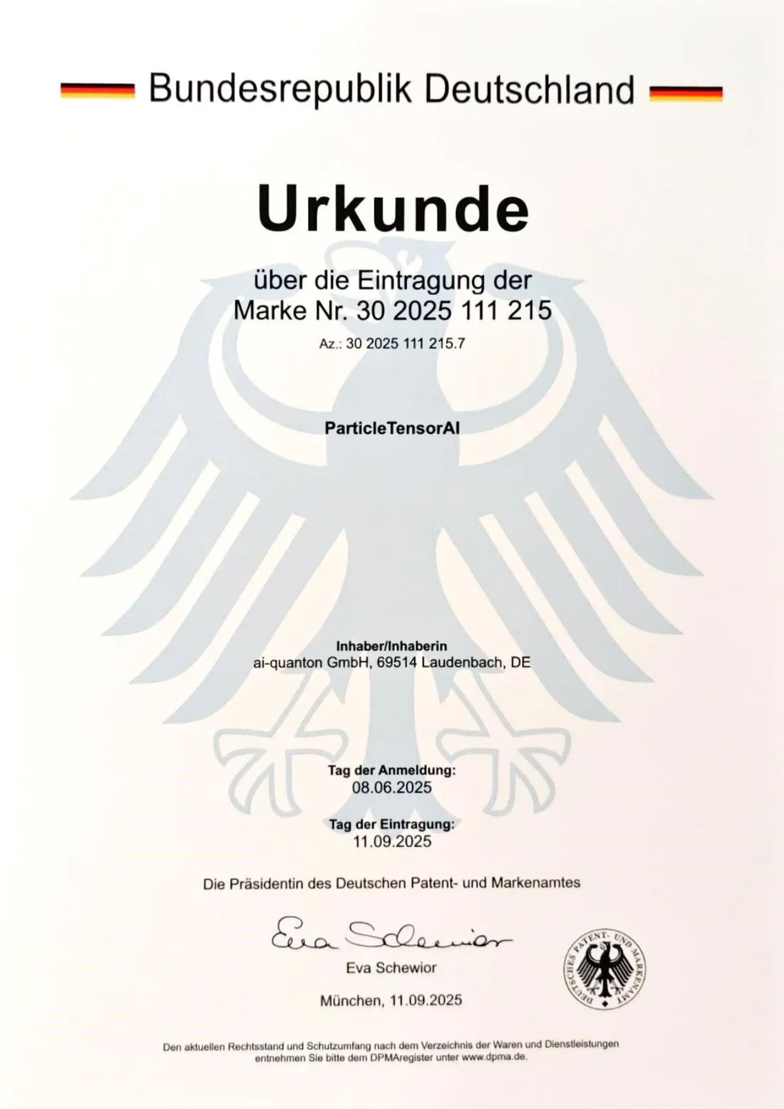 Certificate of registration of the trademark ParticleTensorAI, DPMA register number 30 2025 111 215