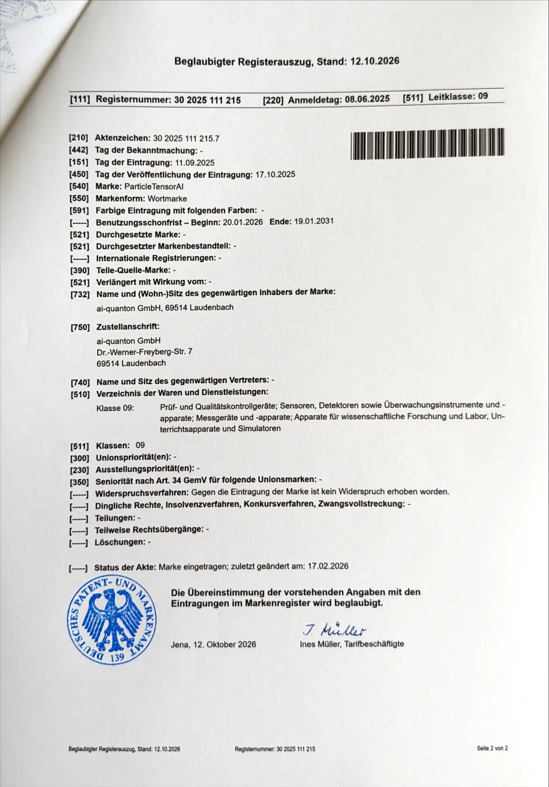 Certified register extract for ParticleTensorAI, page 2