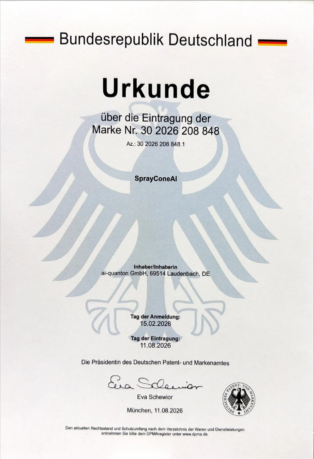 Certificate of registration of the trademark SprayConeAI, DPMA register number 30 2026 208 848