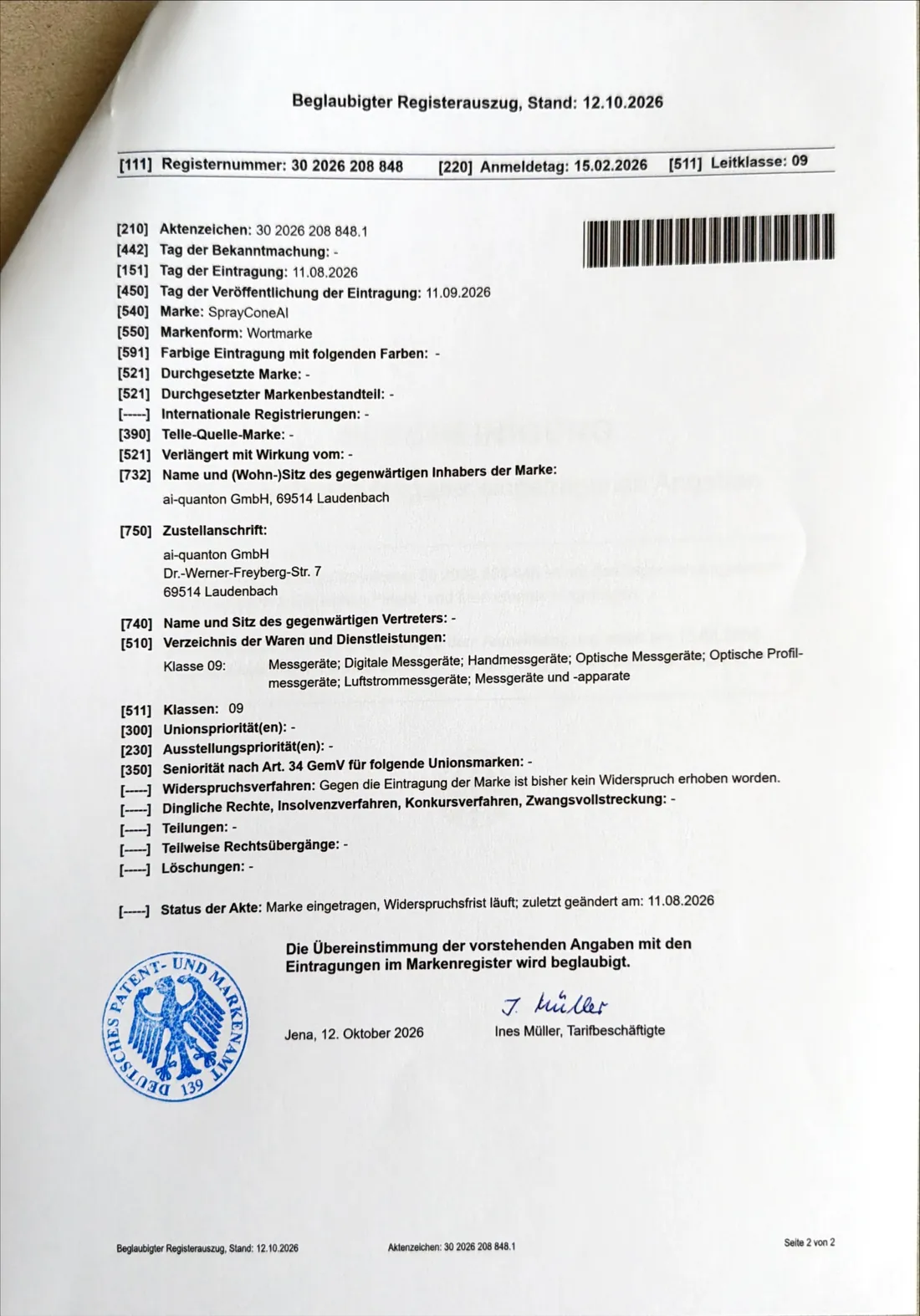 Certified register extract for SprayConeAI, page 2