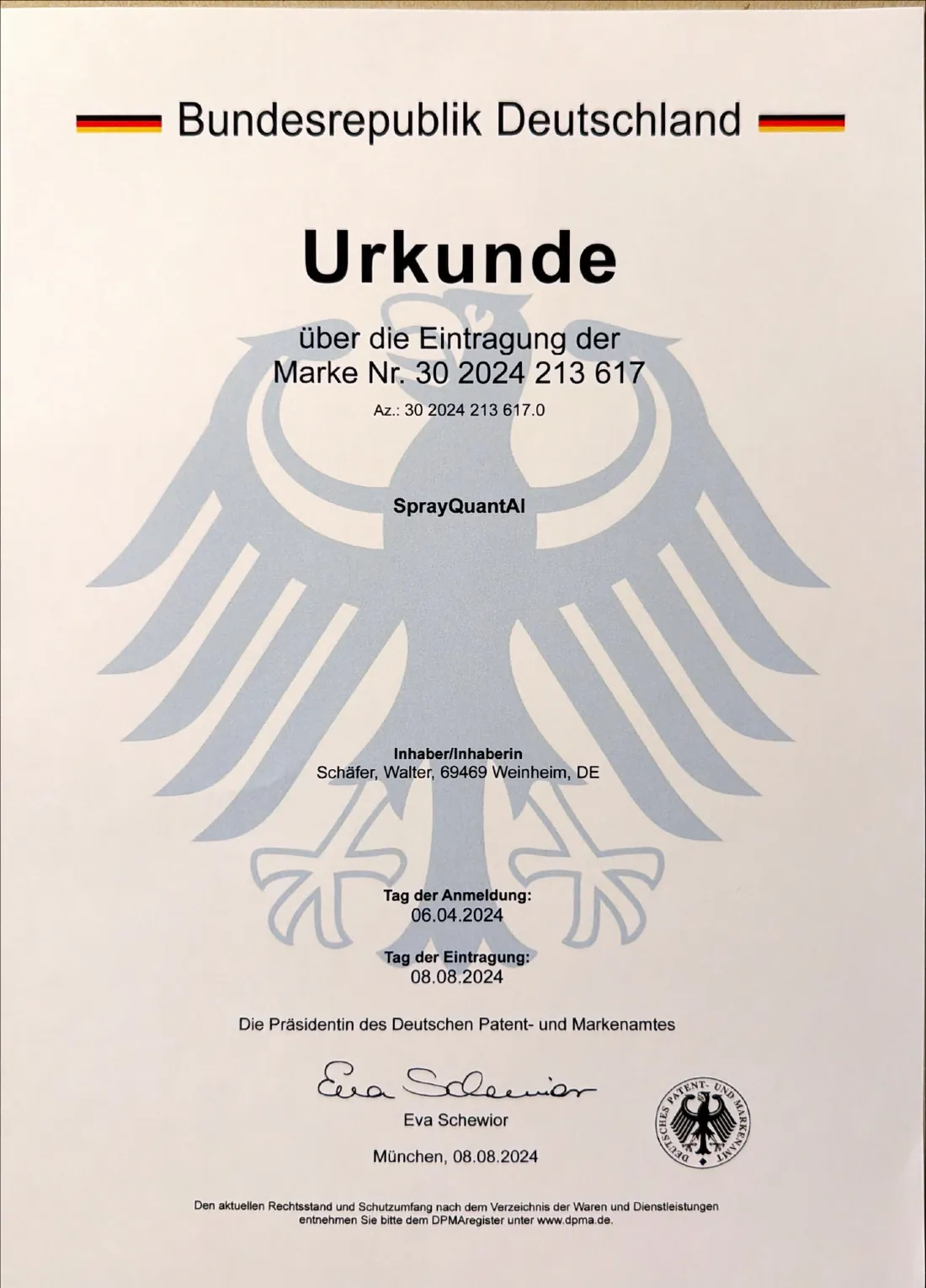 Certificate of registration of the trademark SprayQuantAI, DPMA register number 30 2024 213 617