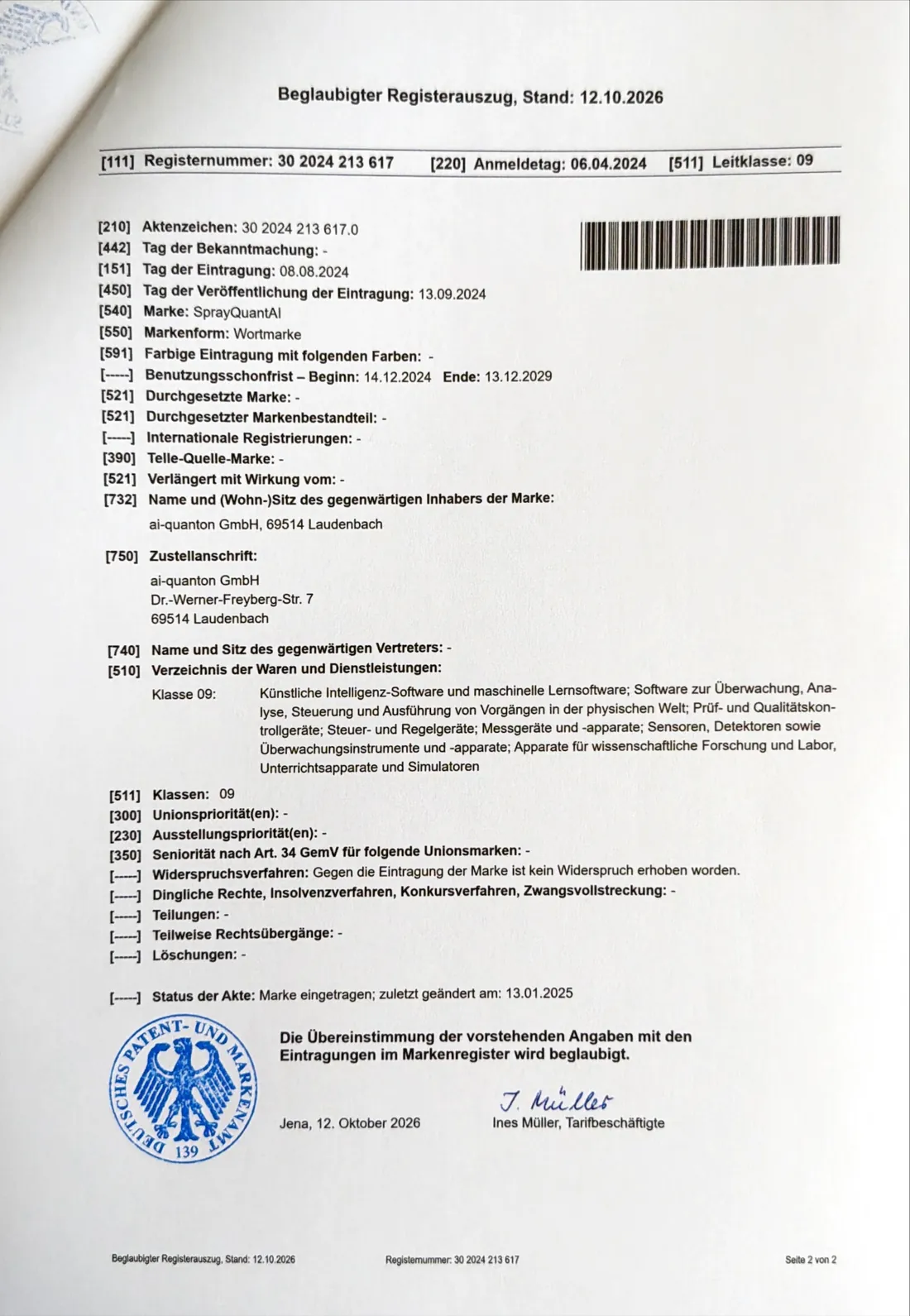 Certified register extract for SprayQuantAI, page 2